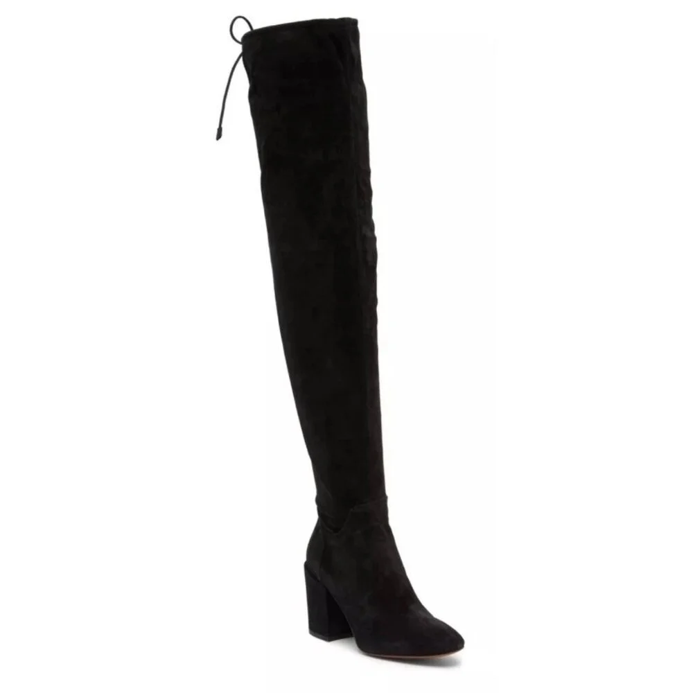 Aquatalia Women’s 6 Black Suede Over The Knee Boots Made in Italy Block Heel Tie